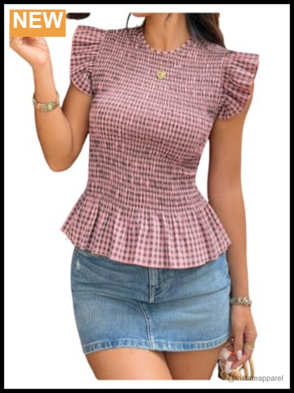 Smocked Ruffle Sleeve Babydoll Blouse Flutter Sleeve Plaid